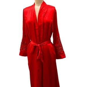Long Red Romantic Robe with appliqué on sleeves